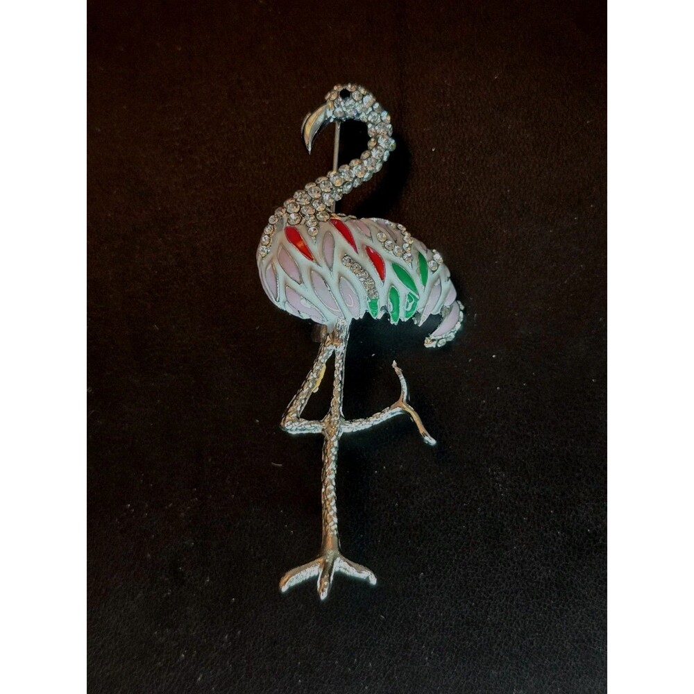 Flamingo Rhinestone Enamel Brooch Pink White Green Figural Pin #580